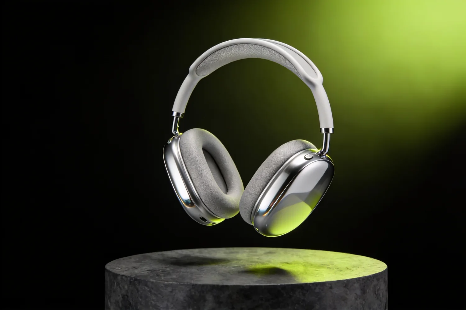 Brushed silver headphones over a dark plinth with lime reflections.