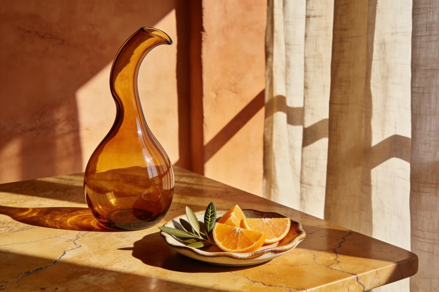 Amber glass, ceramics and citrus in warm Mediterranean light.