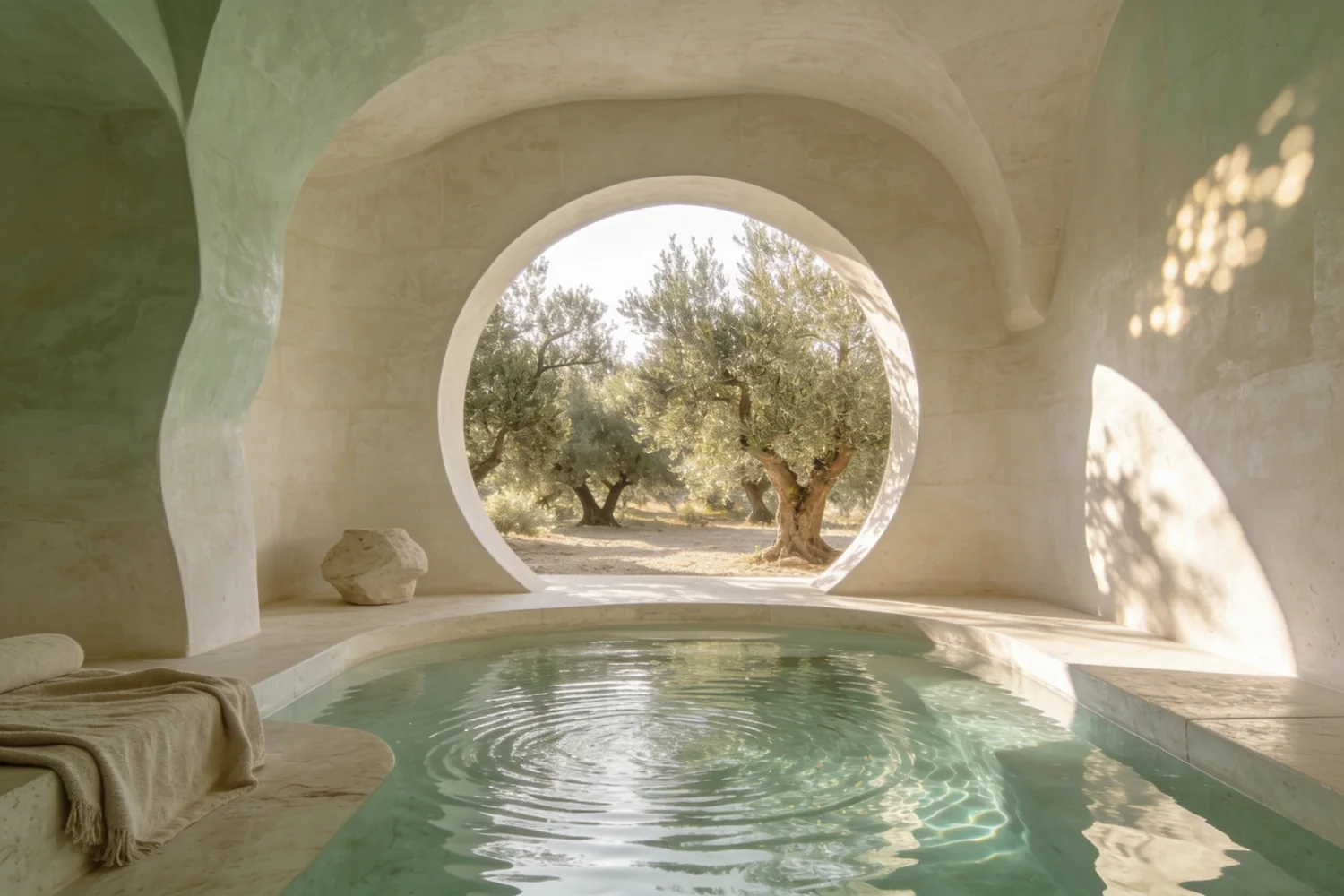 Sunlit limestone spa with a reflecting pool and olive trees.