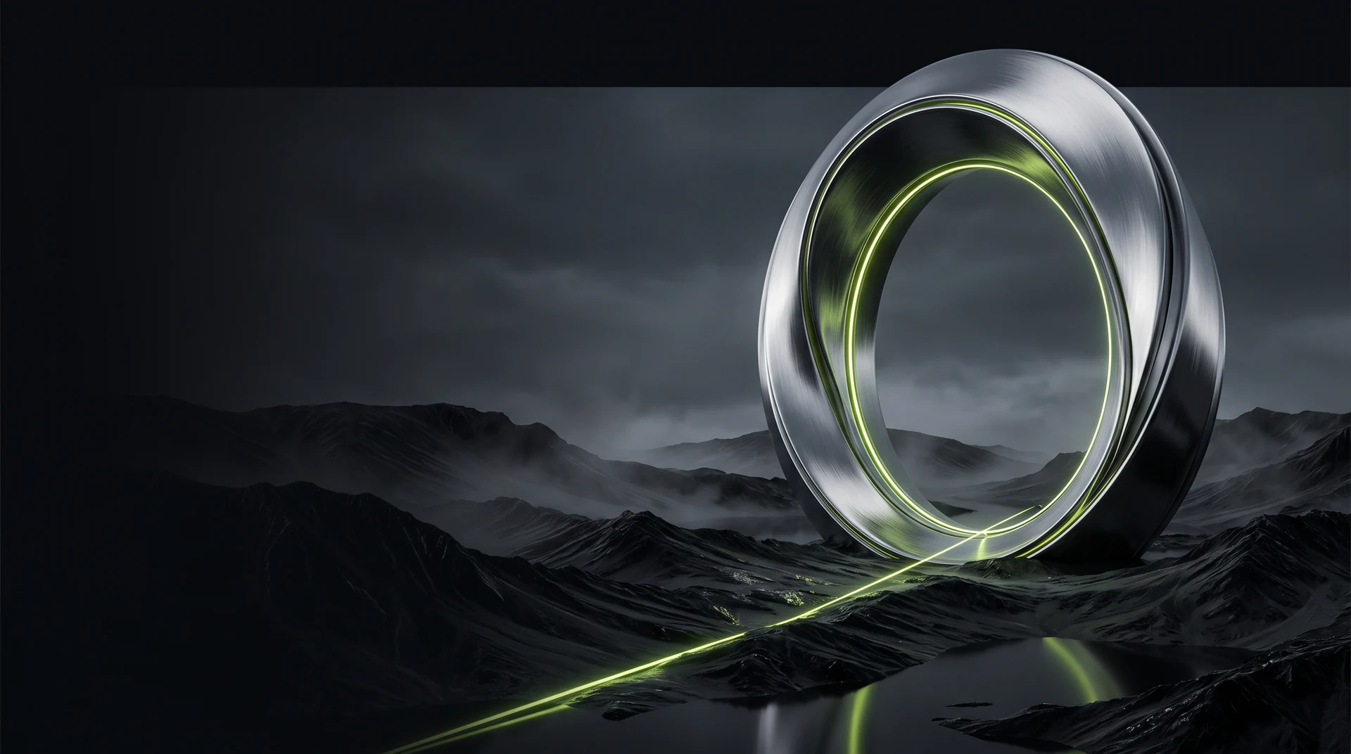 A chrome portal rising from a dark landscape
