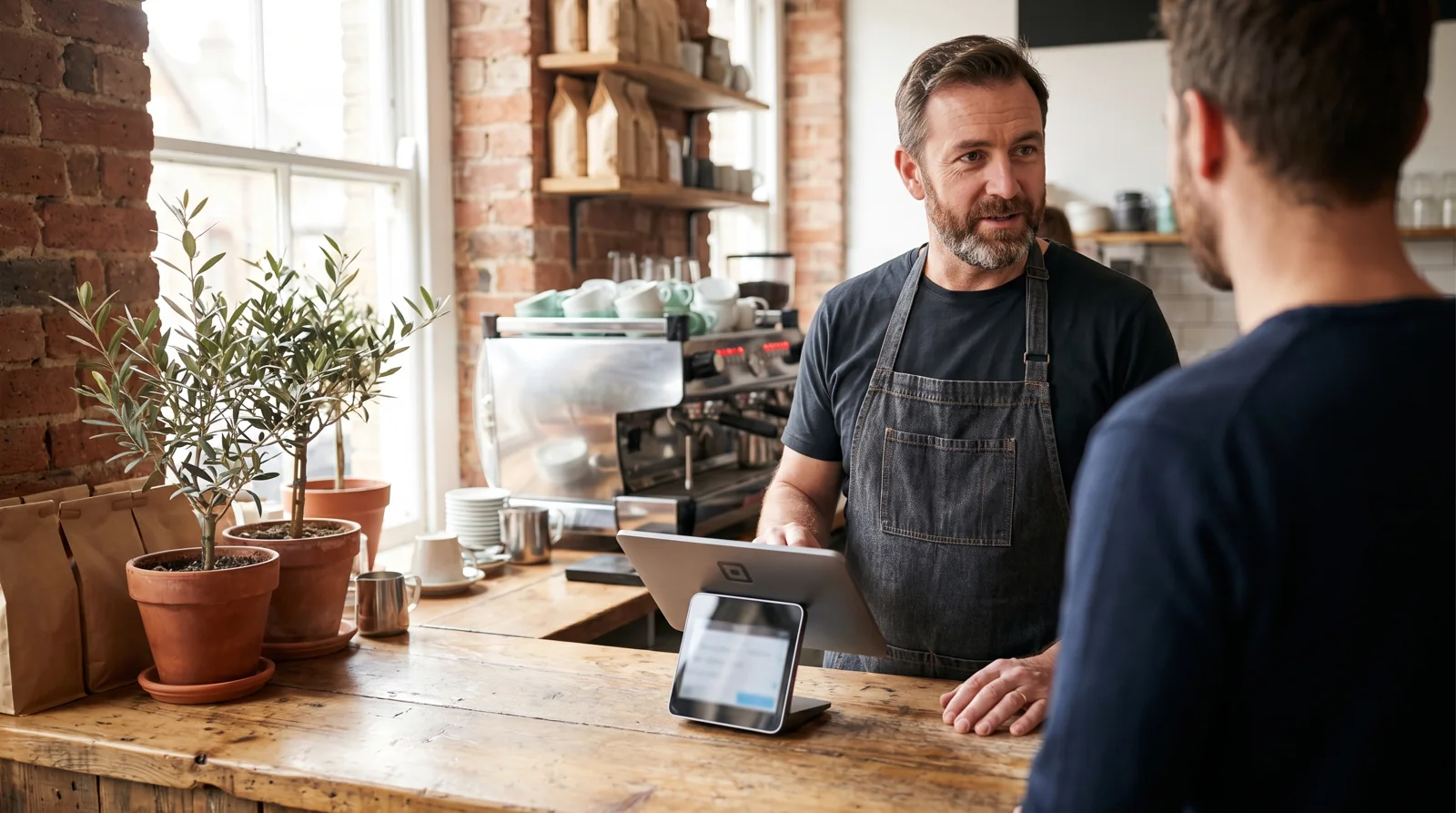A café owner having a face-to-face conversation with a customer