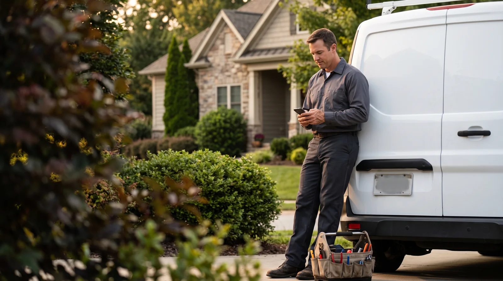 A service professional reviewing the next job on a phone beside his van